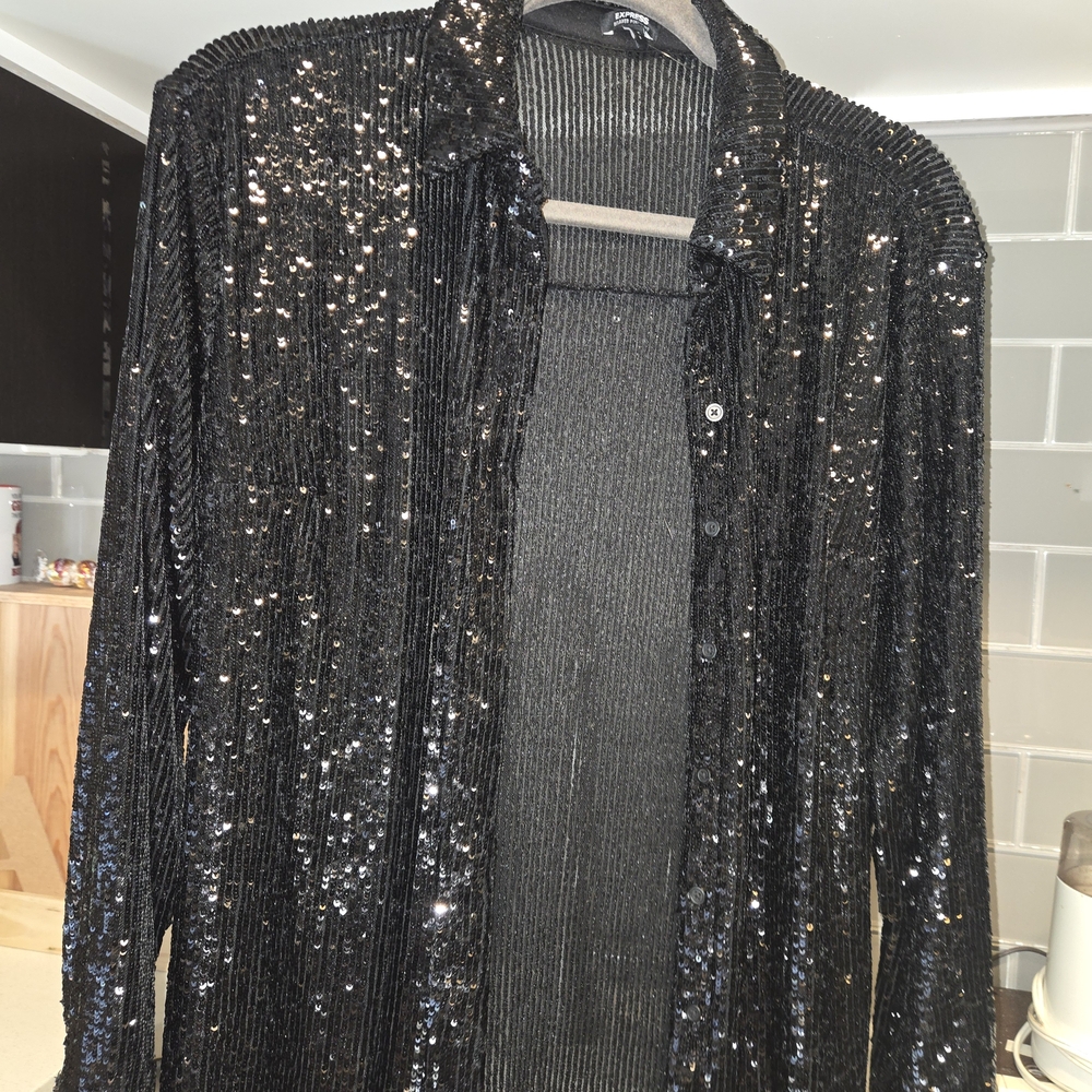 Express Black Sequin Blouse With Cuffs - Picture 2 of 4